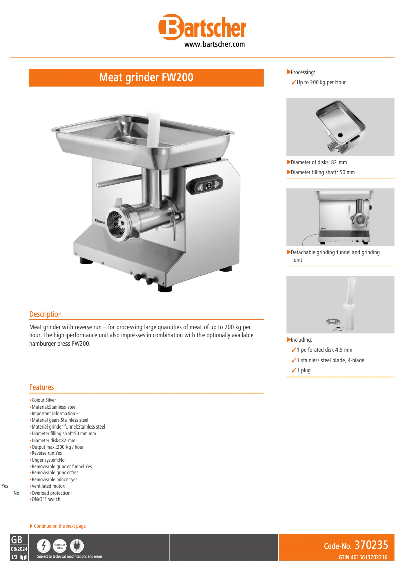 Page n°1 - Fiche technique Bartscher FW200