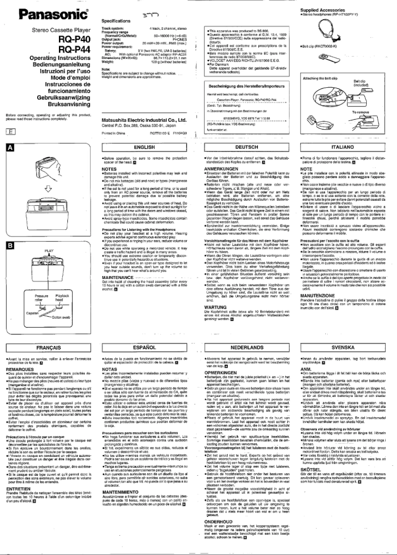 Page 1 de la notice Manuel utilisateur Panasonic RQ-P40