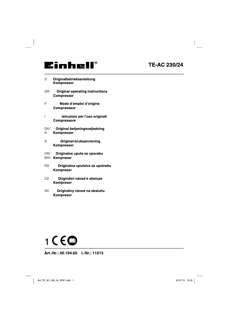 Page 1 de la notice Manuel utilisateur Einhell TE-AC 230/24/8