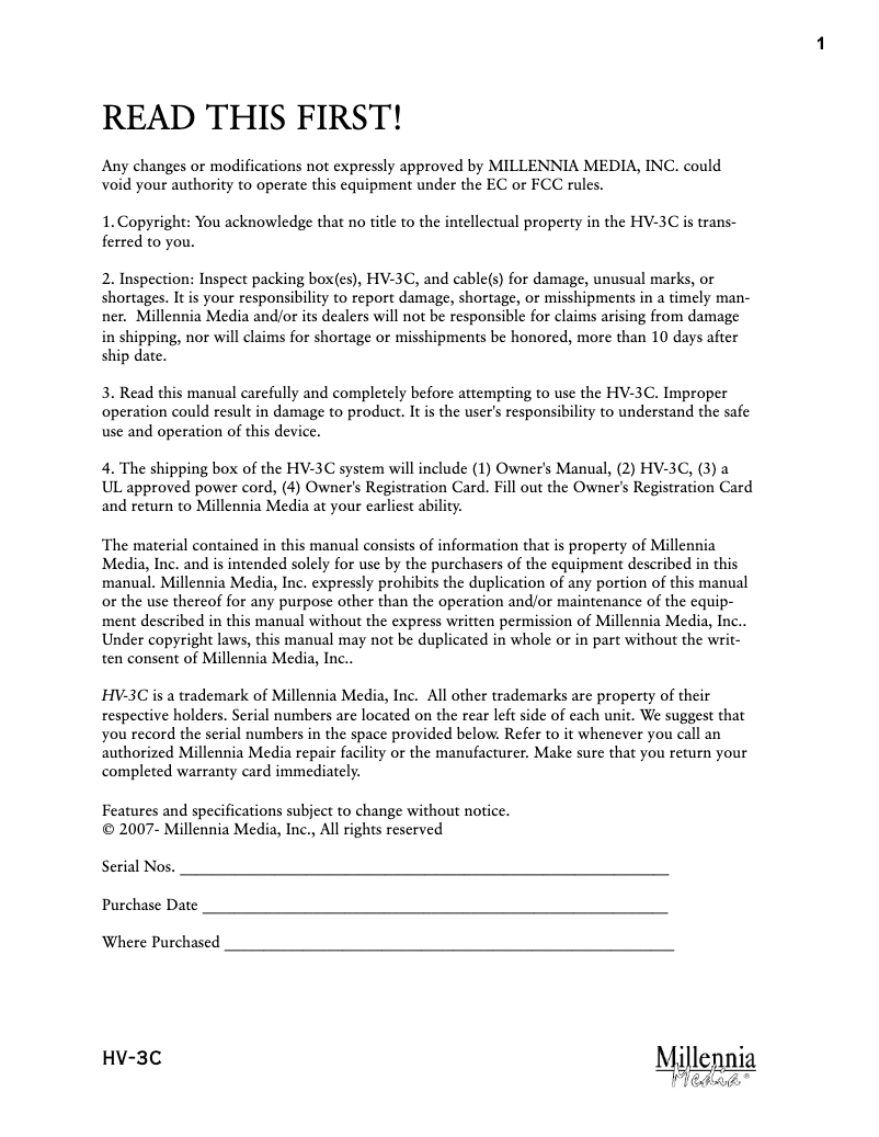 Página 1 del manual Manual de usuario Millennia HV-3C