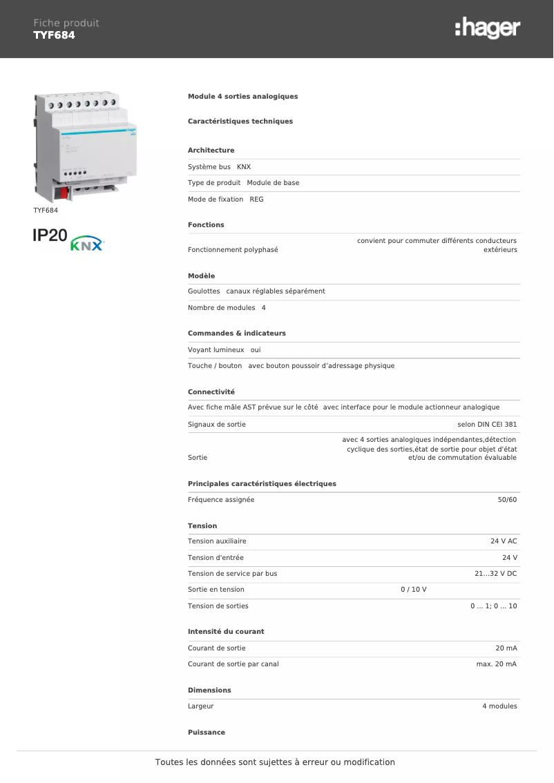 Page 1 de la notice Fiche technique Hager TYF684