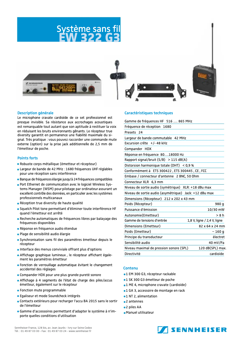 Page 1 de la notice Fiche technique Sennheiser EW 322 G3