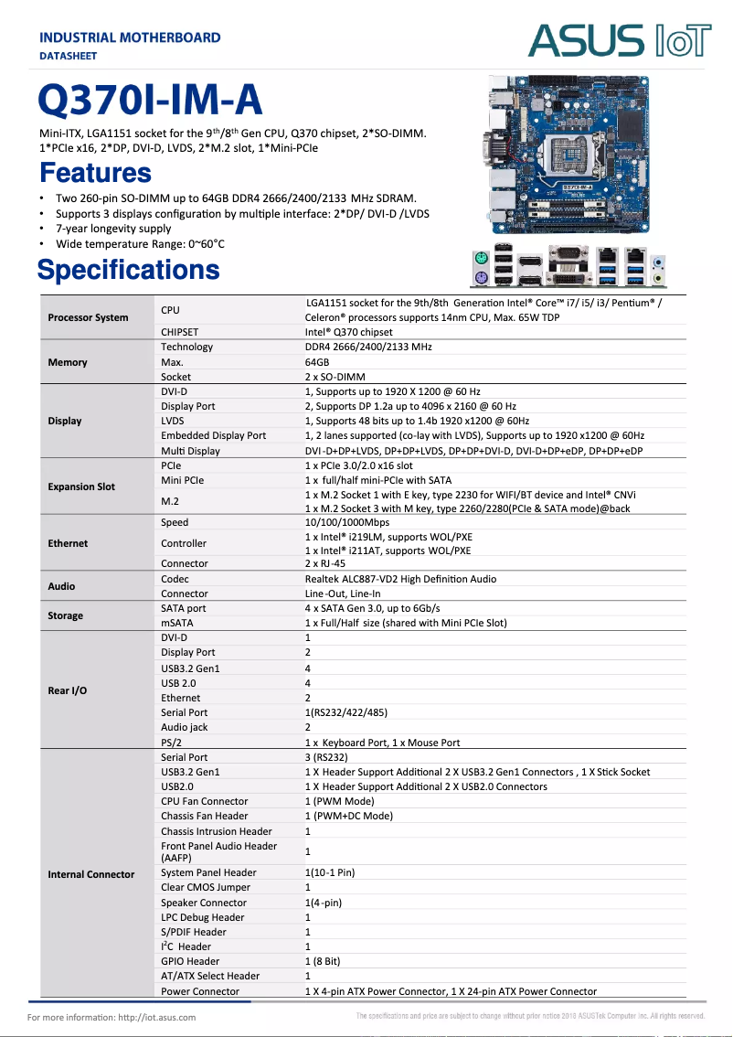 Page 1 de la notice Fiche technique Asus Q370I-IM-A
