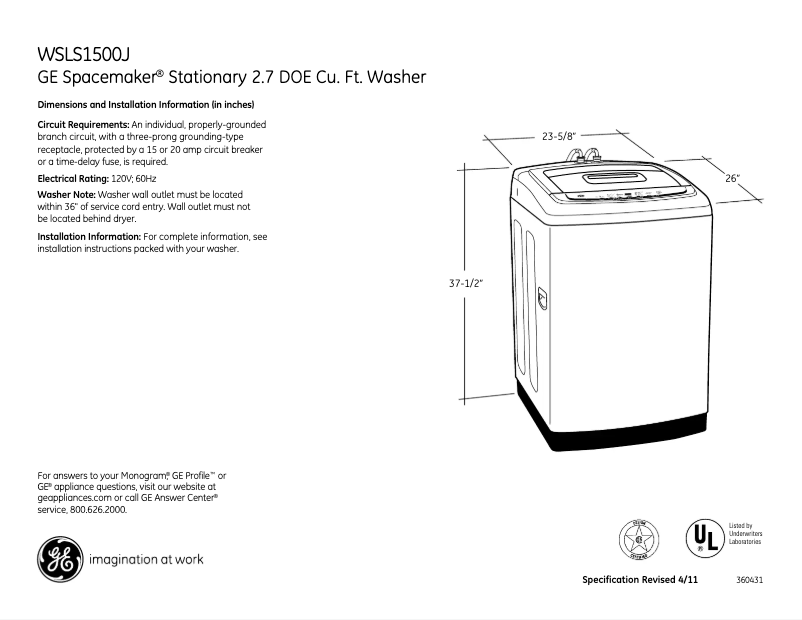 Página 1 del manual Ficha técnica GE WSLS1500JWW