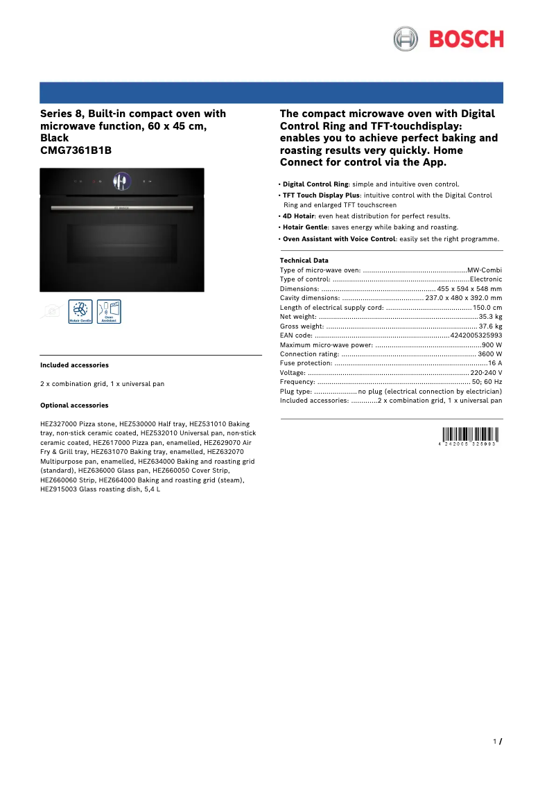 Page 1 de la notice Fiche technique Bosch CMG7361B1B