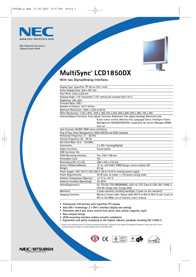 Página 1 del manual Ficha técnica NEC MultiSync LCD1850DX