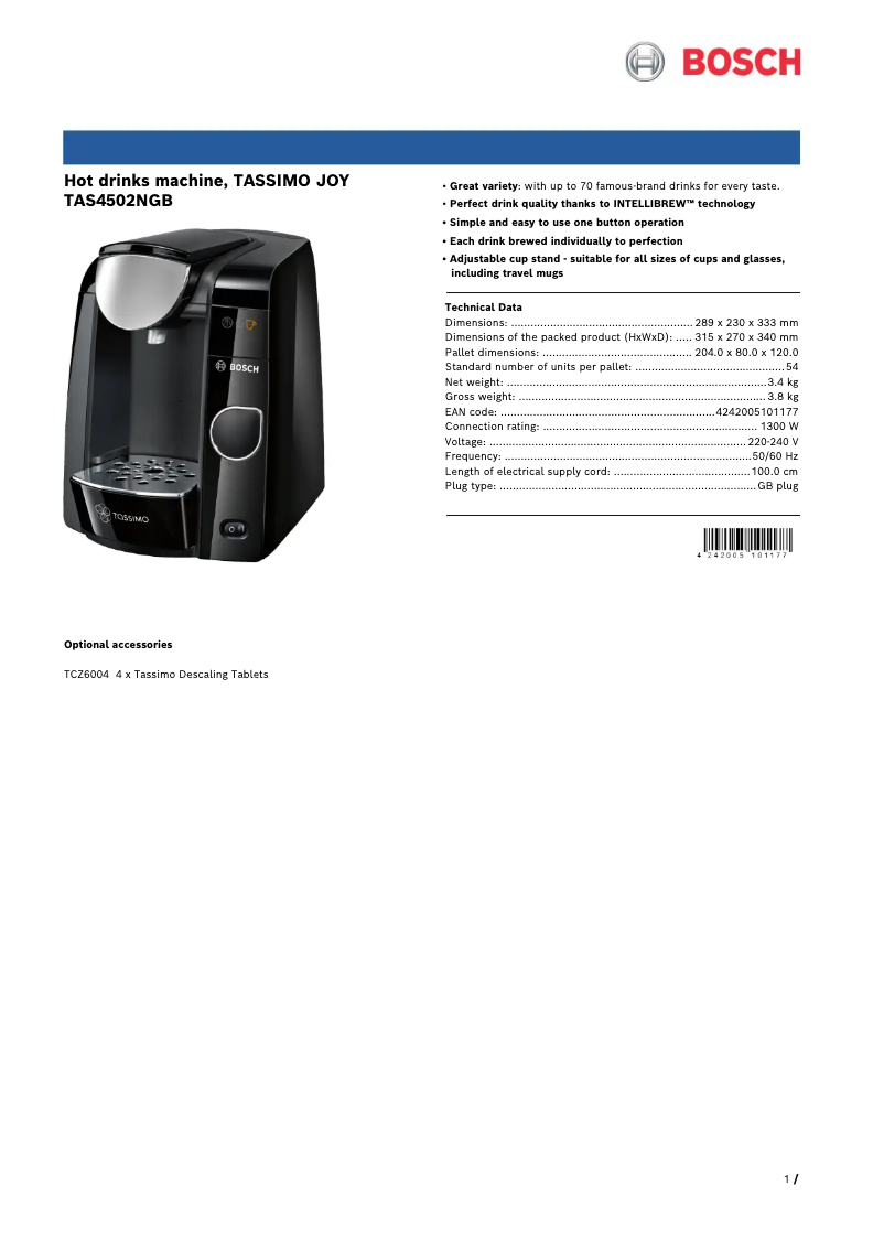 Page n°1 - Fiche technique Bosch Tassimo Joy TAS4502
