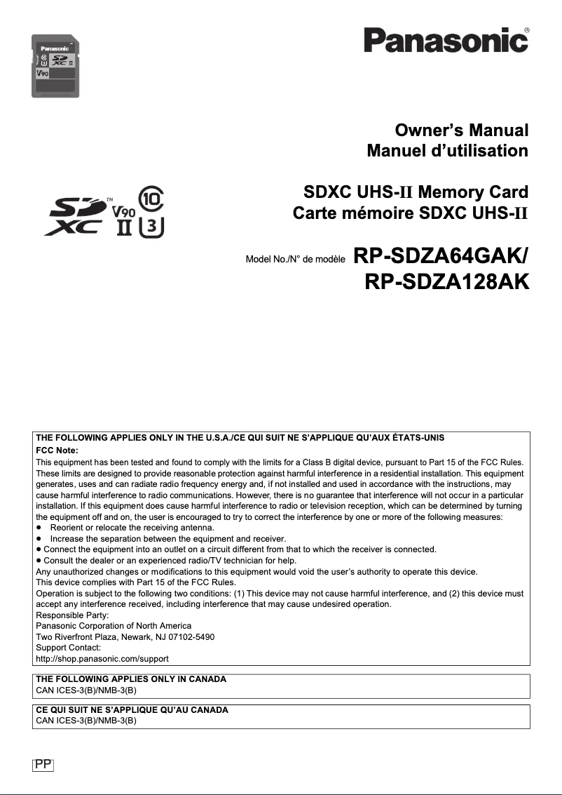 Imagen de la primera página del manual del dispositivo RP-SDZA64GAK