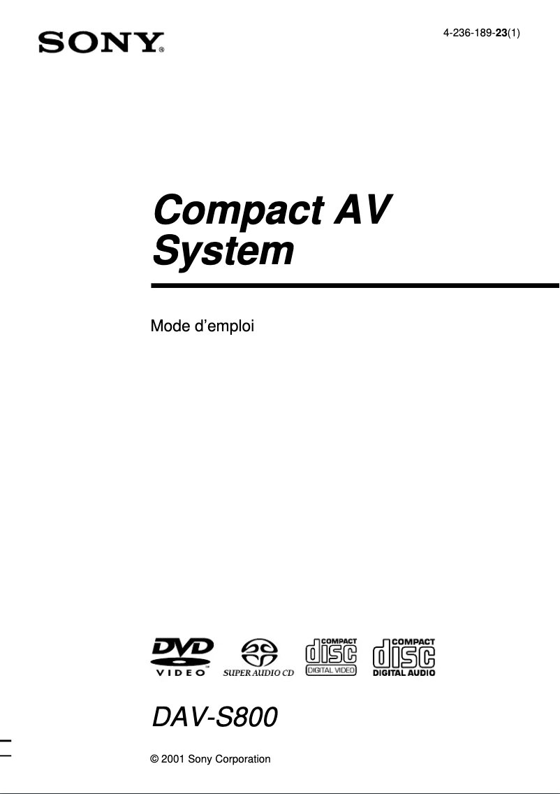 Page 1 de la notice Manuel utilisateur Sony DAV-S800