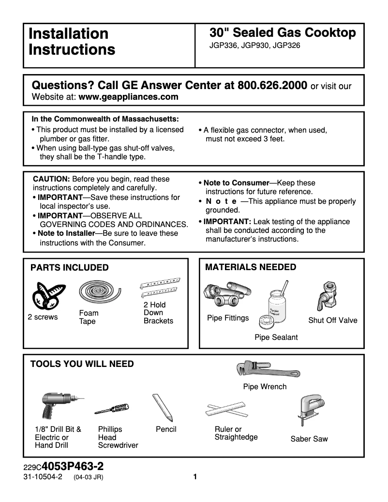 Page n°1 - Guide d'installation GE JGP336WEDWW