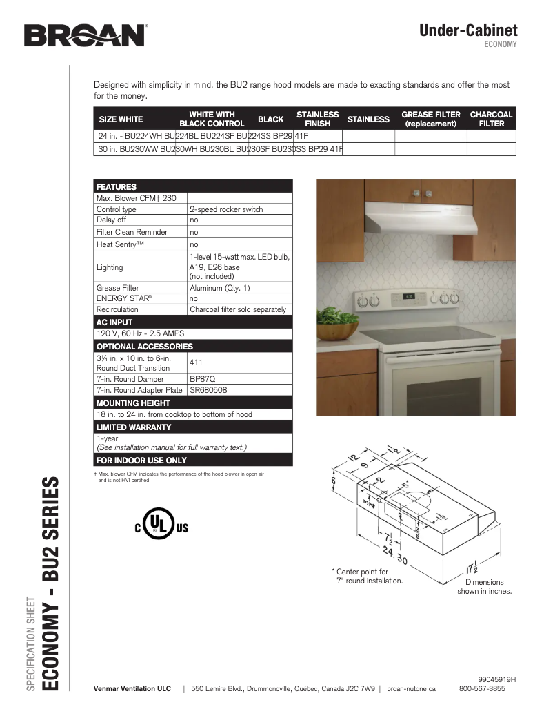 Page n°1 - Fiche technique Broan BU230WH