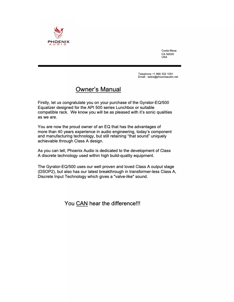 Page 1 de la notice Manuel utilisateur Phoenix Audio Gyrator-EQ-500