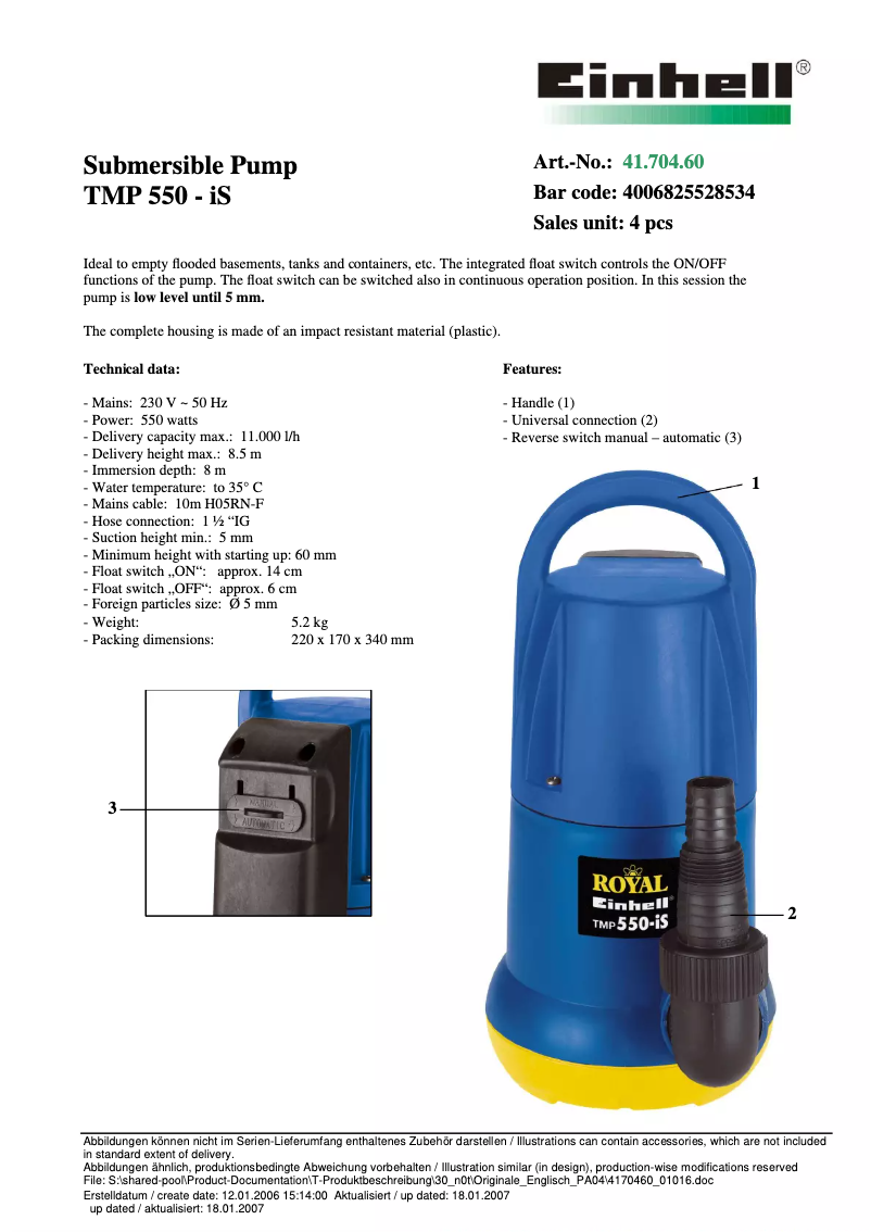 Page 1 de la notice Manuel utilisateur Einhell Royal TMP 550-iS