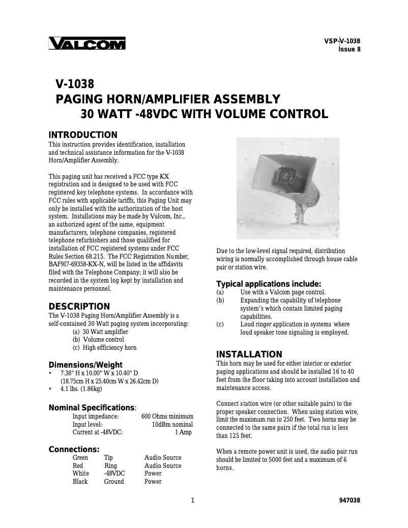 Image de la première page du manuel de l'appareil V-1038