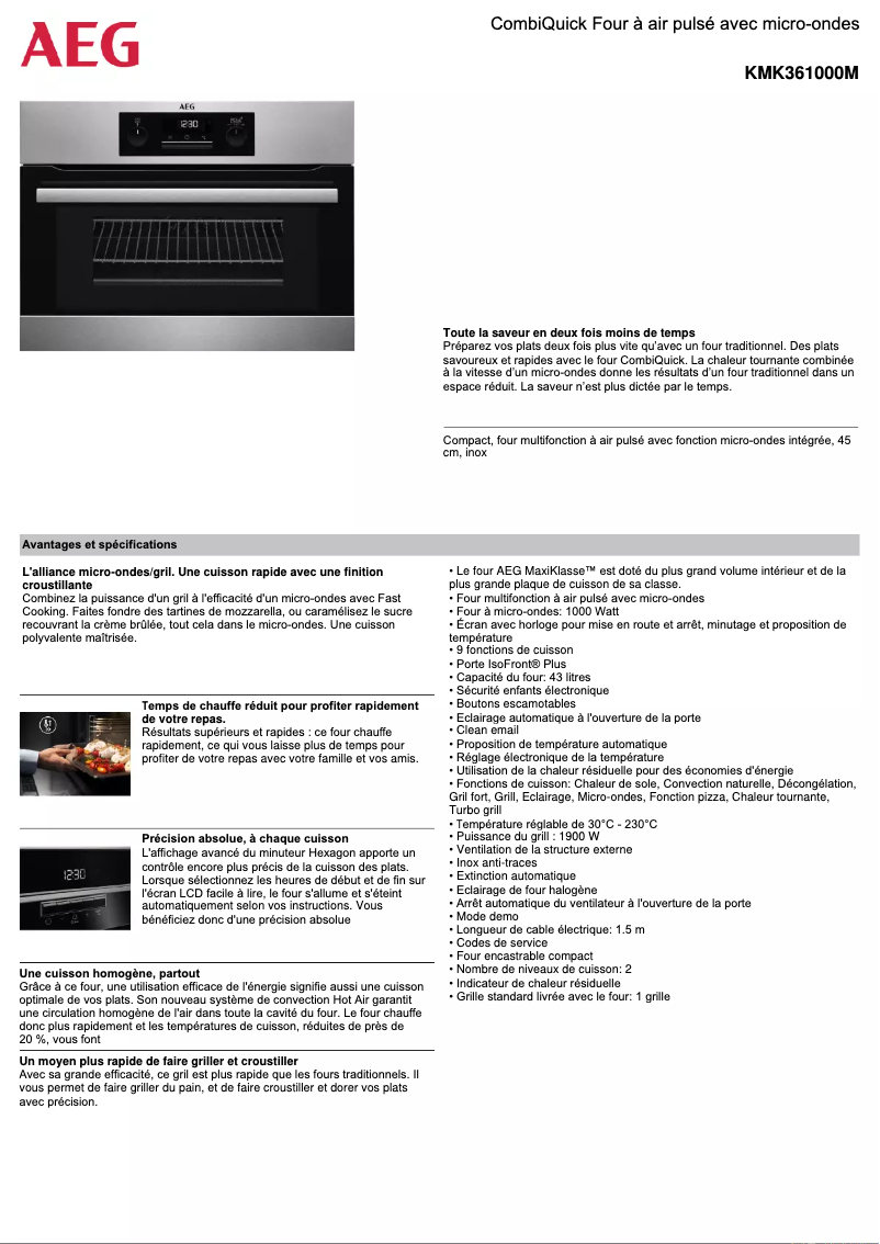Page 1 de la notice Fiche technique AEG KMK361000M