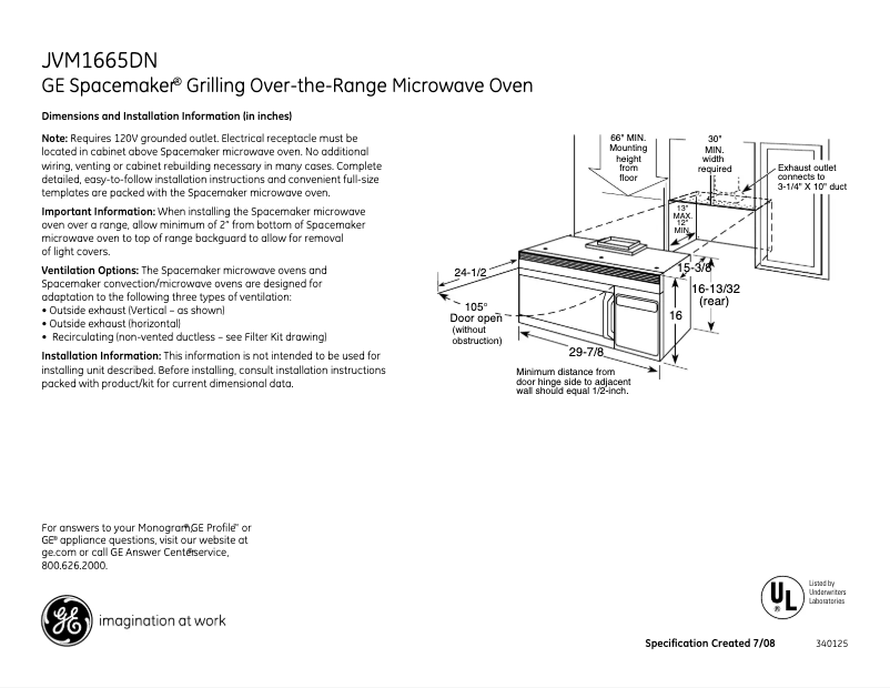Página 1 del manual Ficha técnica GE Spacemaker JVM1665DNWW