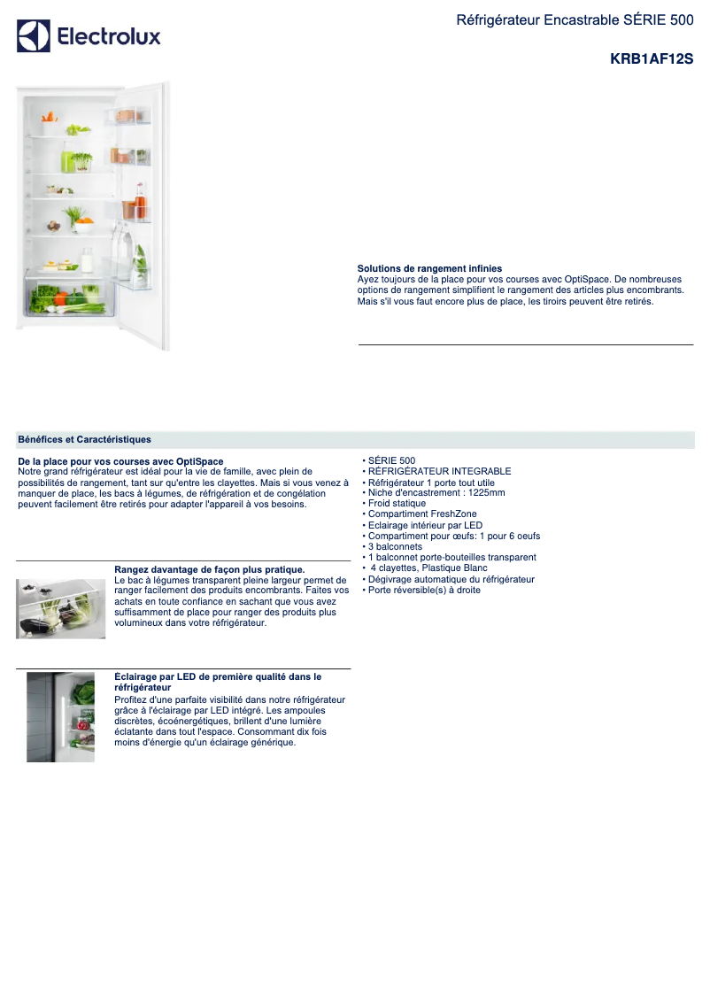 Page 1 de la notice Fiche technique Electrolux KRB1AF12S