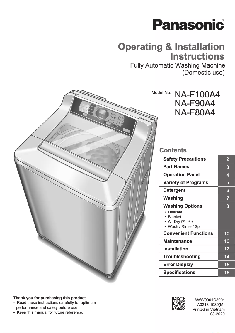 Page 1 de la notice Manuel utilisateur Panasonic NA-F90A4