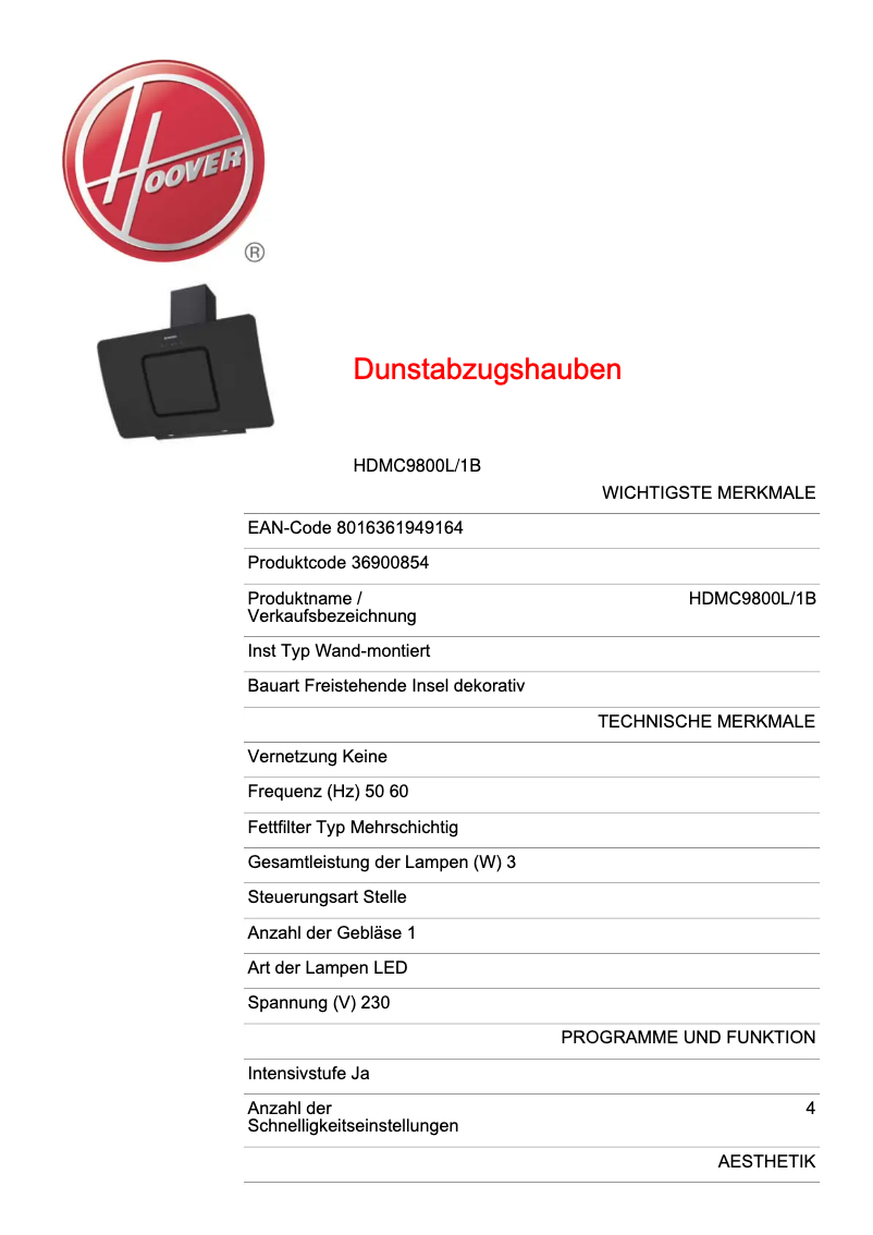 Page 1 de la notice Fiche technique Hoover HDMC9800L/1B