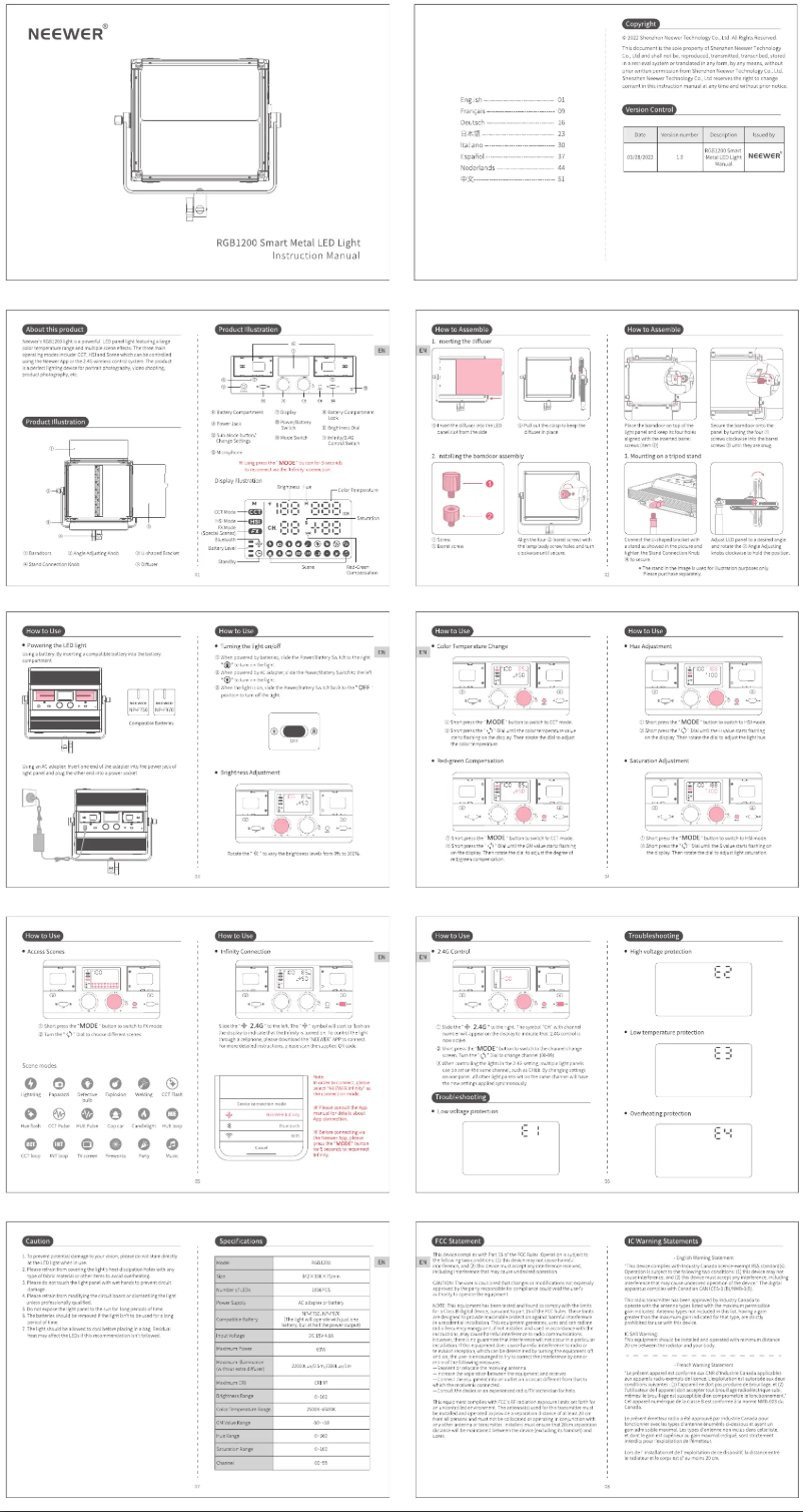 Page 1 de la notice Manuel utilisateur Neewer RGB1200