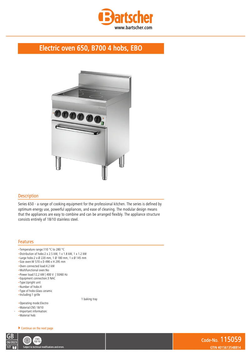 Page n°1 - Fiche technique Bartscher 115059