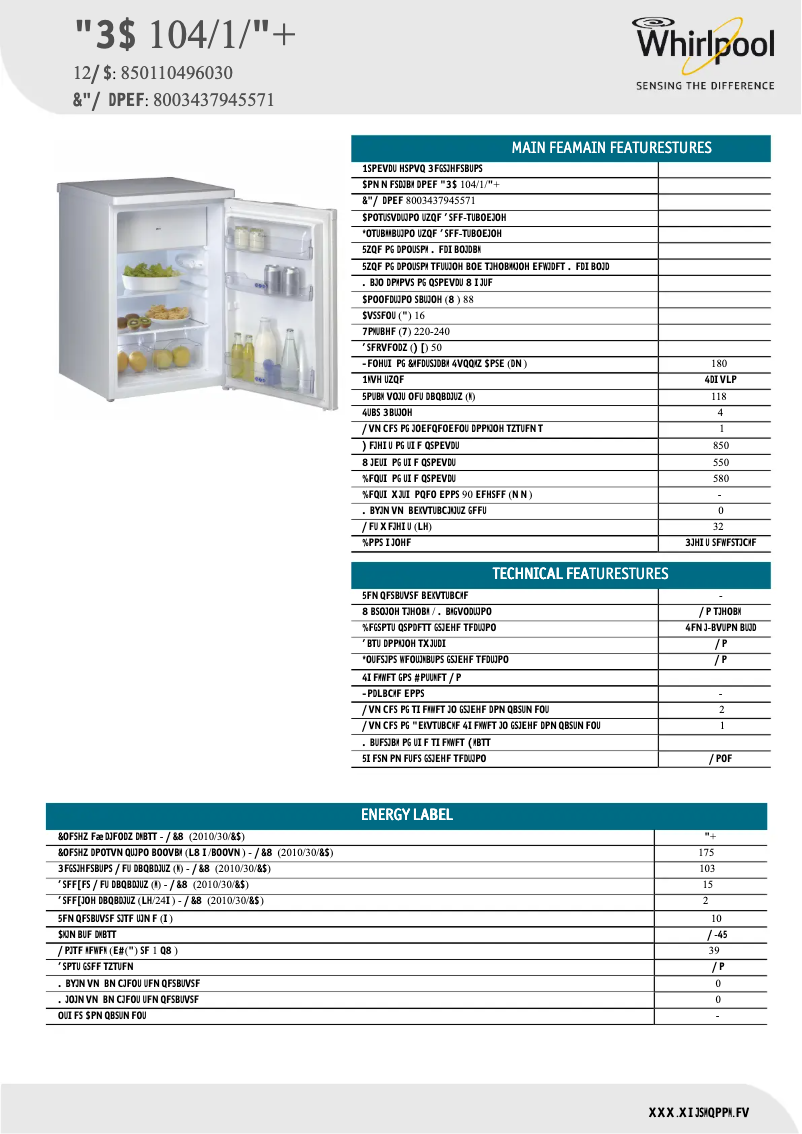Page n°1 - Fiche technique Whirlpool ARC 104/1/A+