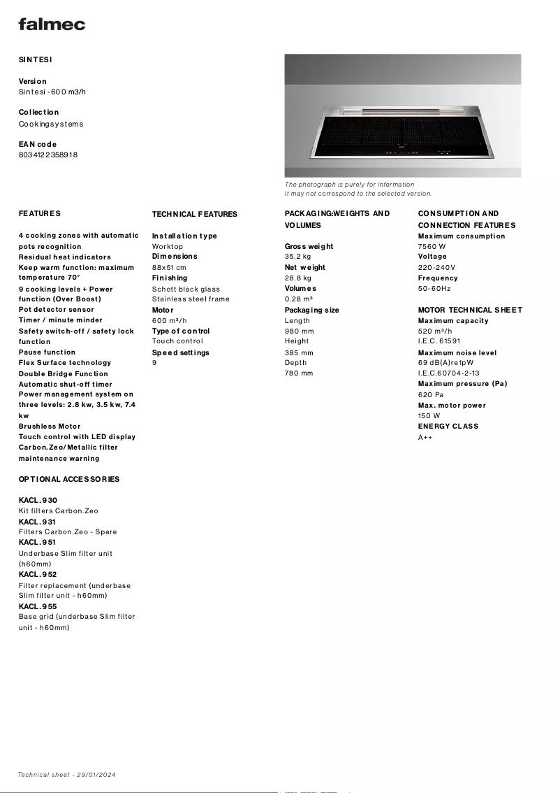 Page n°1 - Fiche technique Falmec Sintesi