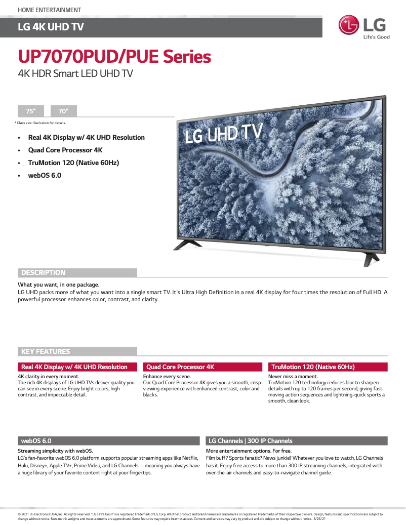 Página 1 del manual Ficha técnica LG 70UP7070PUE