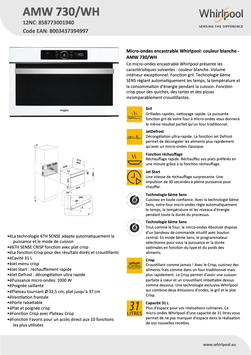 Page n°1 - Fiche technique Whirlpool AMW 730 WH
