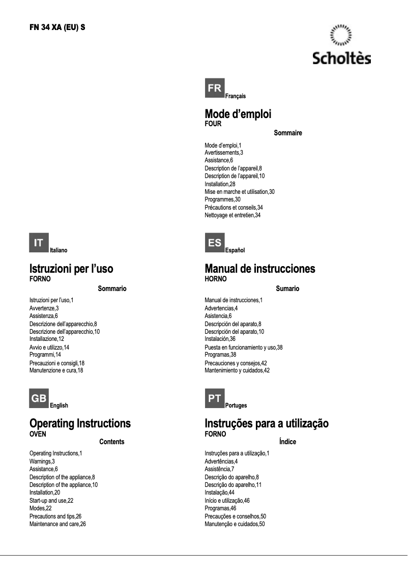 Page 1 de la notice Manuel utilisateur Scholtès FN 34 XA (EU) S