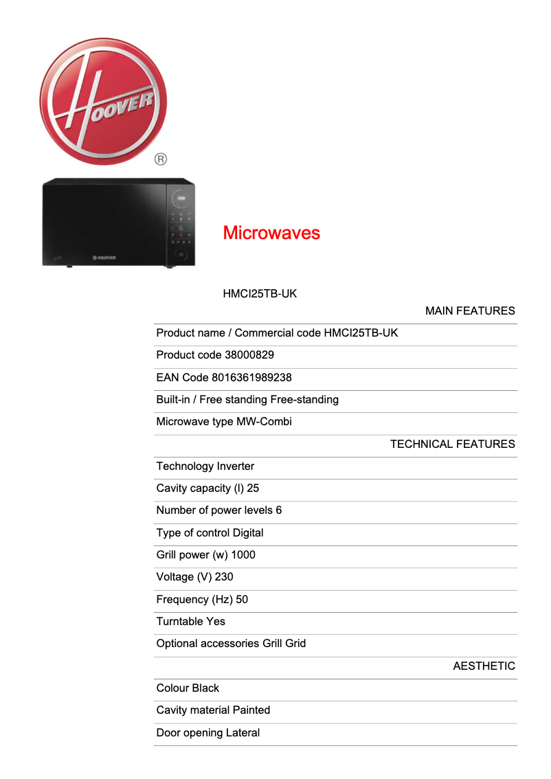 Página 1 del manual Ficha técnica Hoover CHEFVOLUTION HMGI25TB-UK