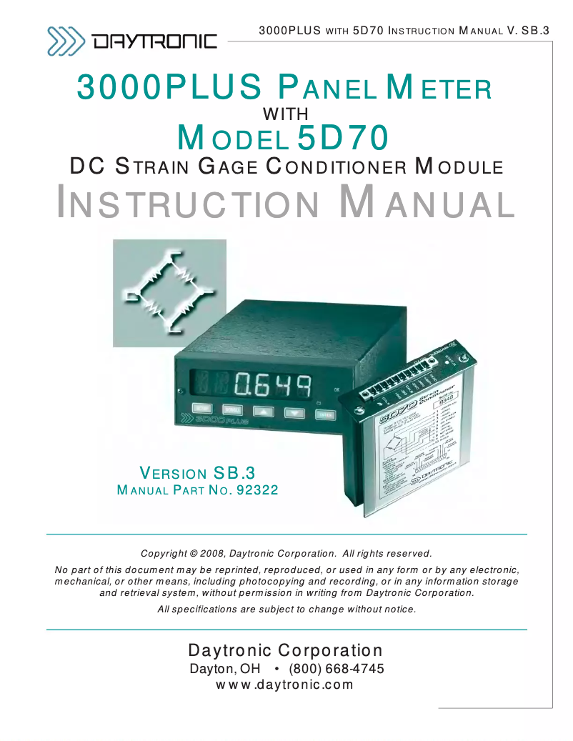 Page 1 de la notice Manuel utilisateur Daytronic 3KPLUS-70