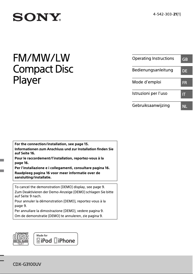 Page 1 de la notice Manuel utilisateur Sony CDX-G3100UV