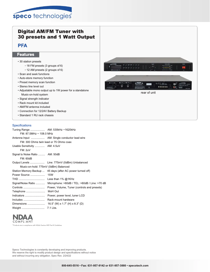 Page 1 de la notice Fiche technique Speco Technologies PFA
