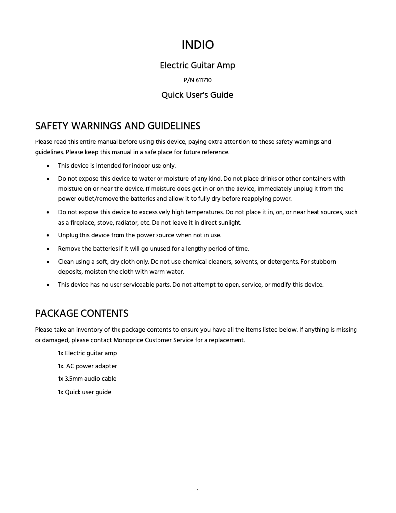 Page n°1 - Manuel utilisateur Monoprice Indio 611710