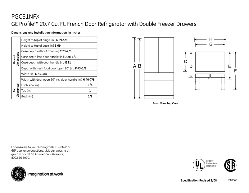 Page 1 of the manual Technical Sheet GE PGCS1NFXSS