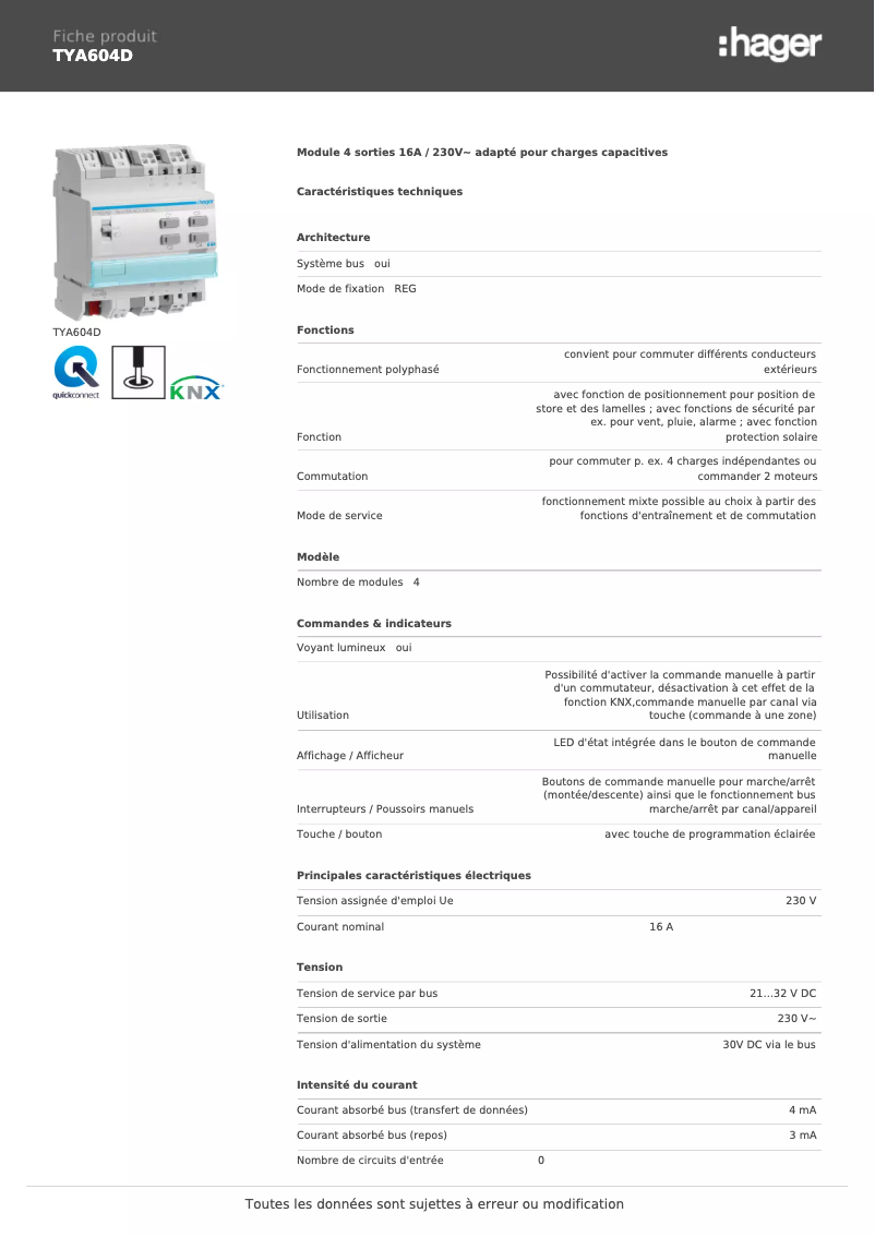 Page 1 de la notice Fiche technique Hager TYA604D
