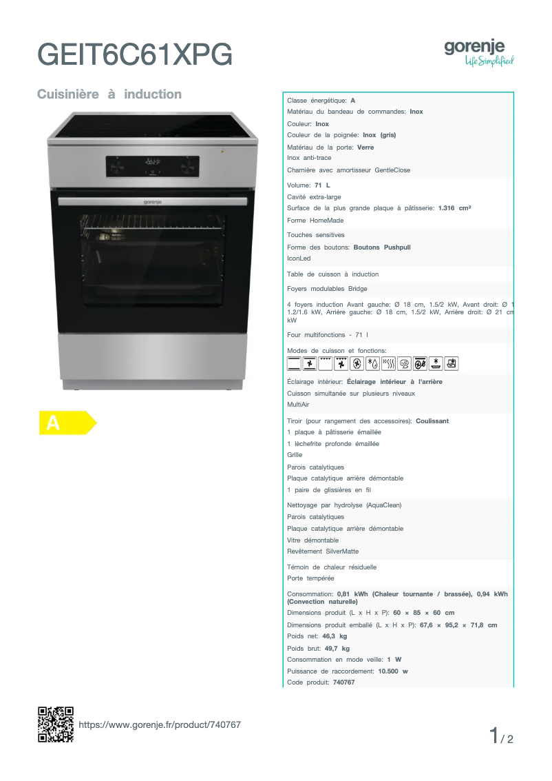 Page n°1 - Fiche technique Gorenje GEIT6C61XPG