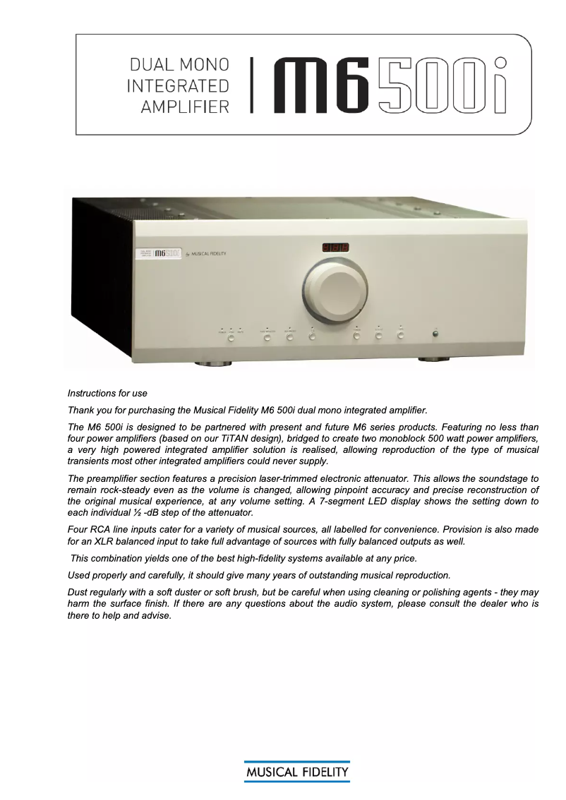 Page 1 de la notice Manuel utilisateur Musical Fidelity M6 500i