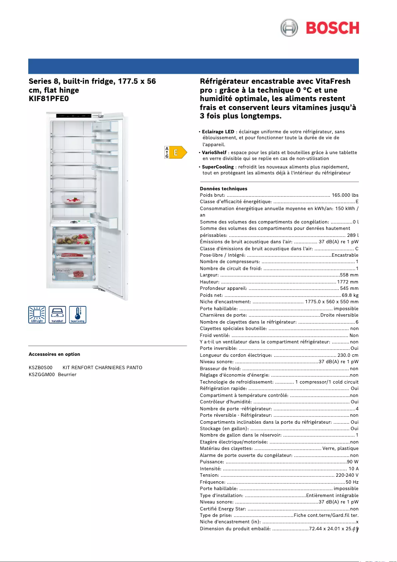 Page n°1 - Fiche technique Bosch KIF81PFE0