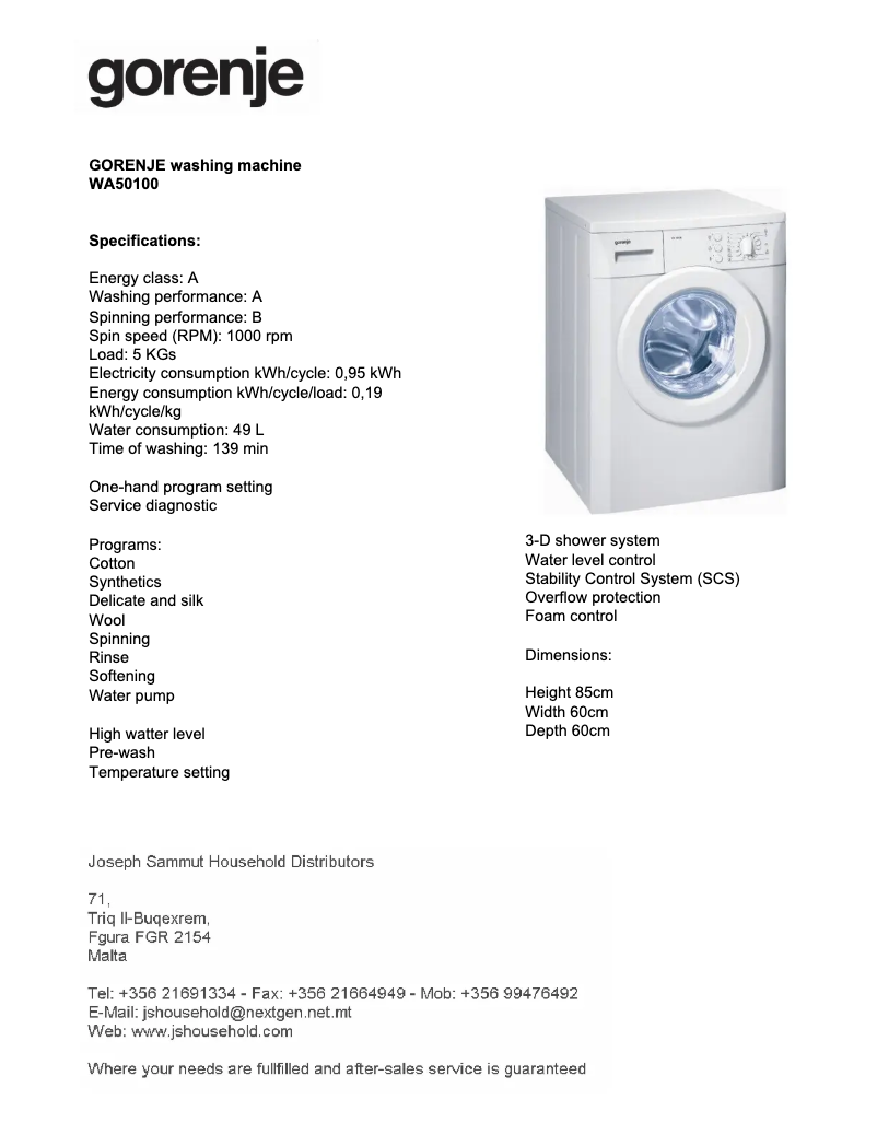 Page n°1 - Manuel utilisateur Gorenje WA50100