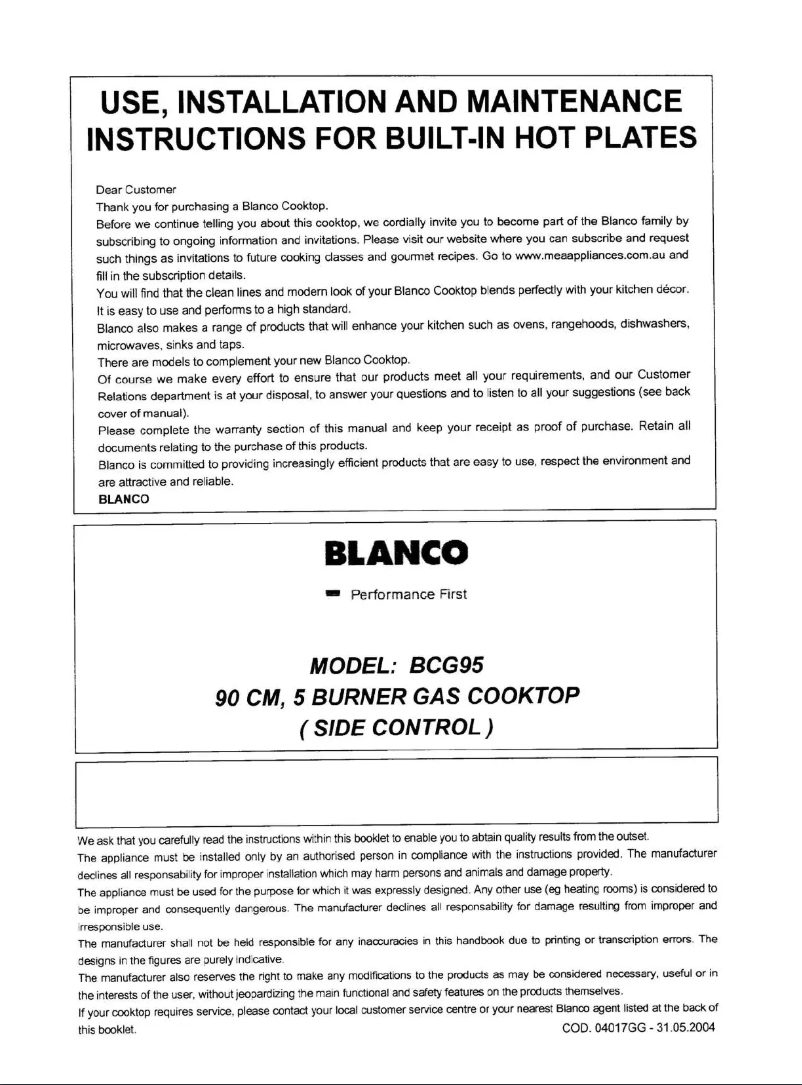 Page n°1 - Instructions / montage BLANCO BCG95X