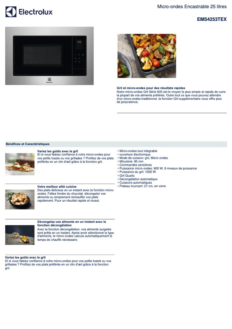 Page 1 de la notice Fiche technique Electrolux EMS4253TEX