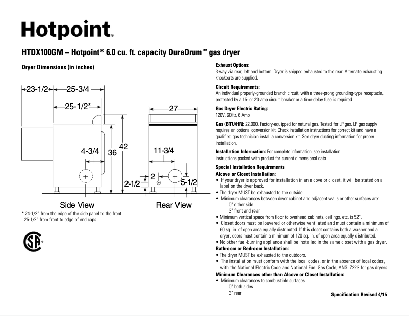 Página 1 del manual Ficha técnica Hotpoint HTDX100GMWW