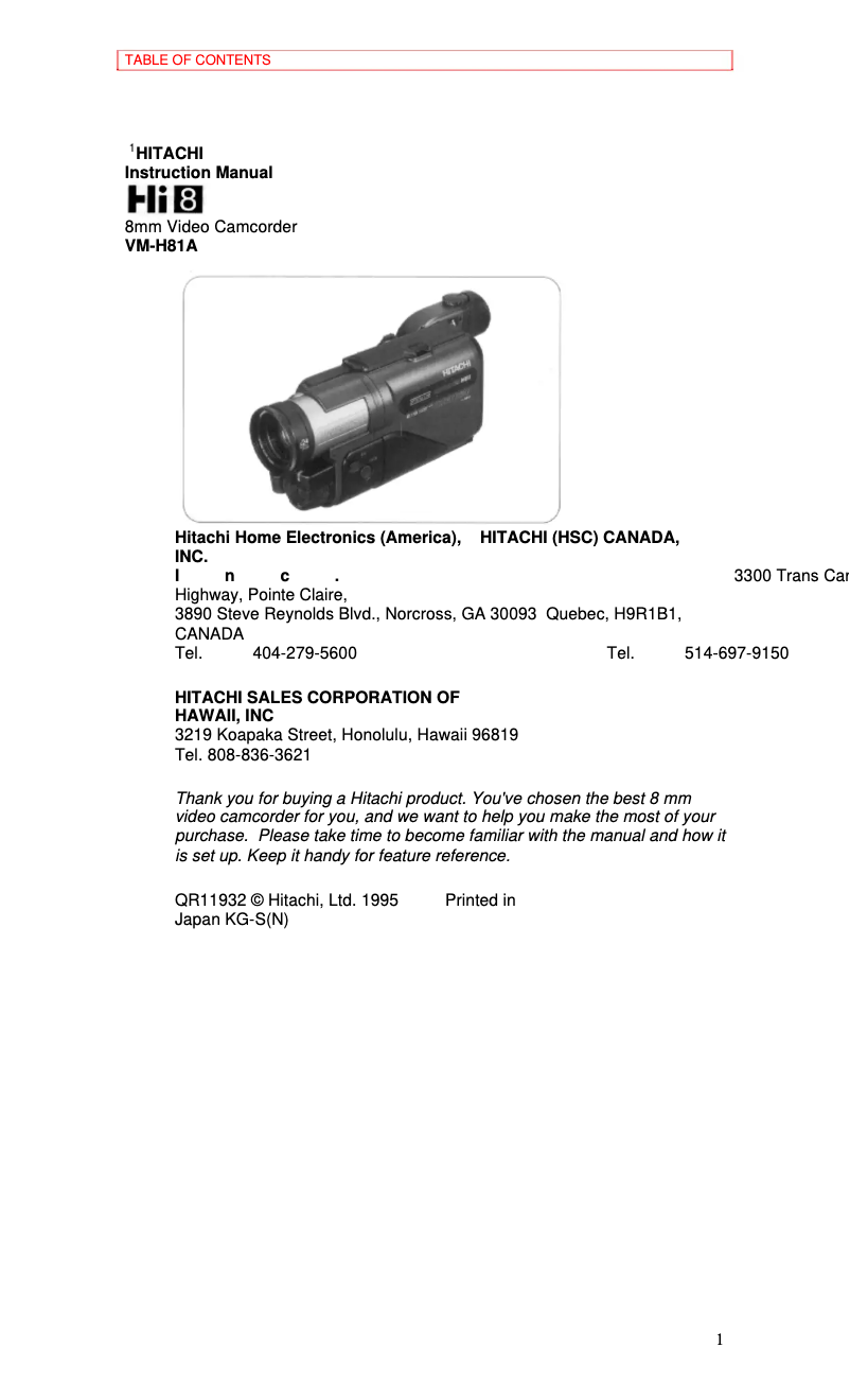 Page 1 de la notice Manuel utilisateur Hitachi VM-H81A