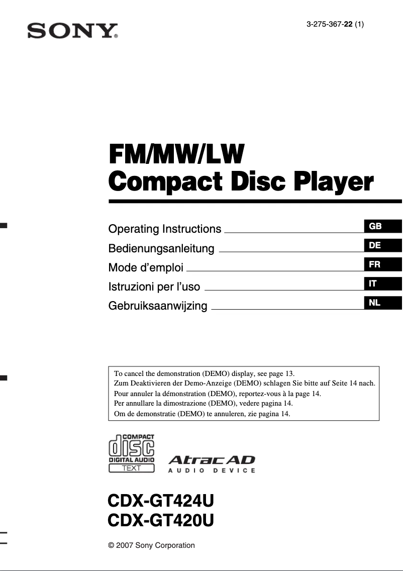 Image de la première page du manuel de l'appareil CDX-GT420