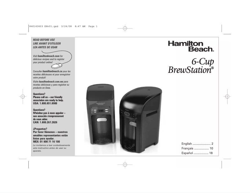 Page n°1 - Manuel utilisateur Hamilton Beach 6-Cup BrewStation 48275
