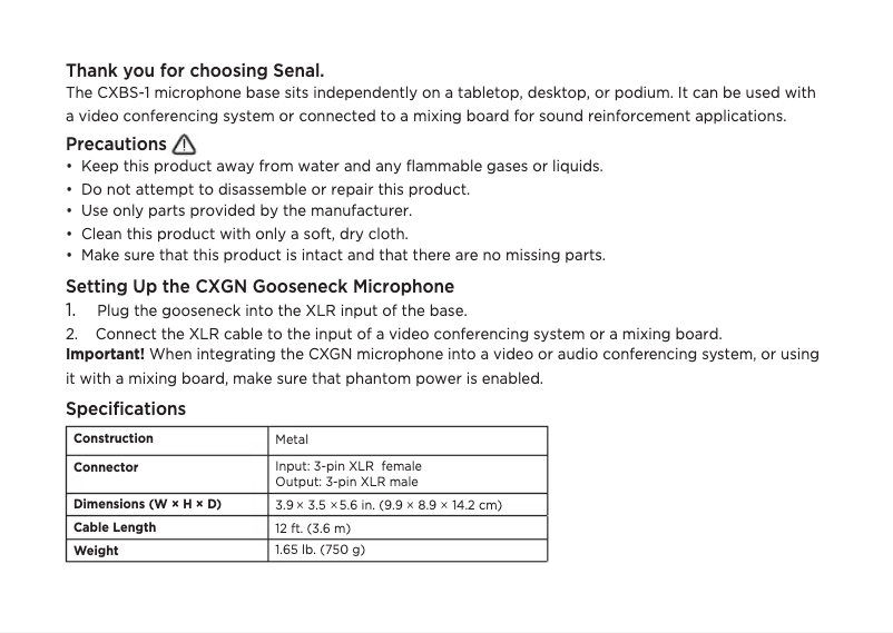 Page n°1 - Manuel utilisateur Senal CXBS-1