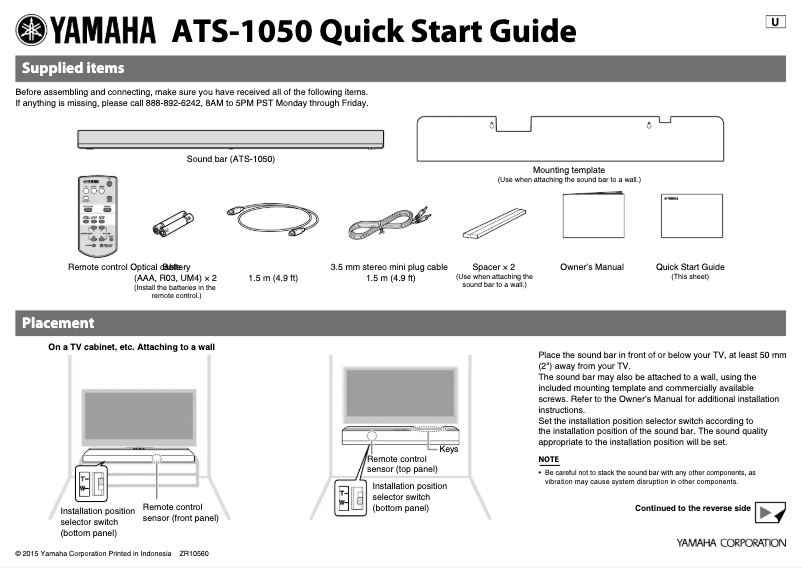 Page 1 de la notice Manuel utilisateur Yamaha ATS-1050