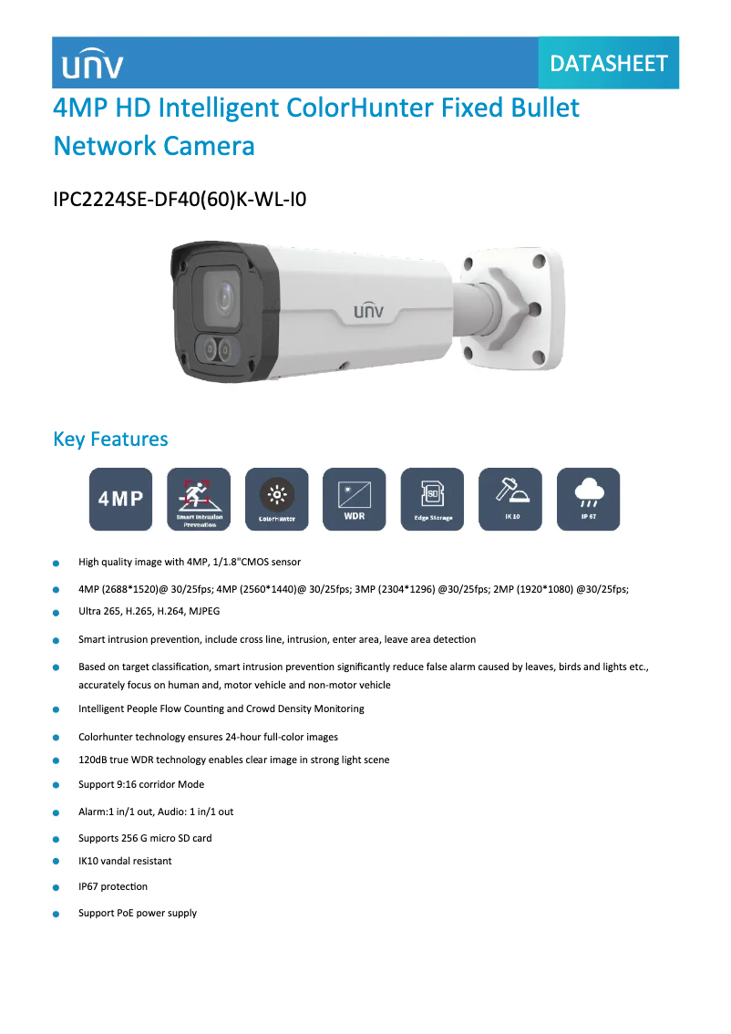 Page 1 de la notice Fiche technique UniView IPC2224SE-DF40(60)K-WL-I0